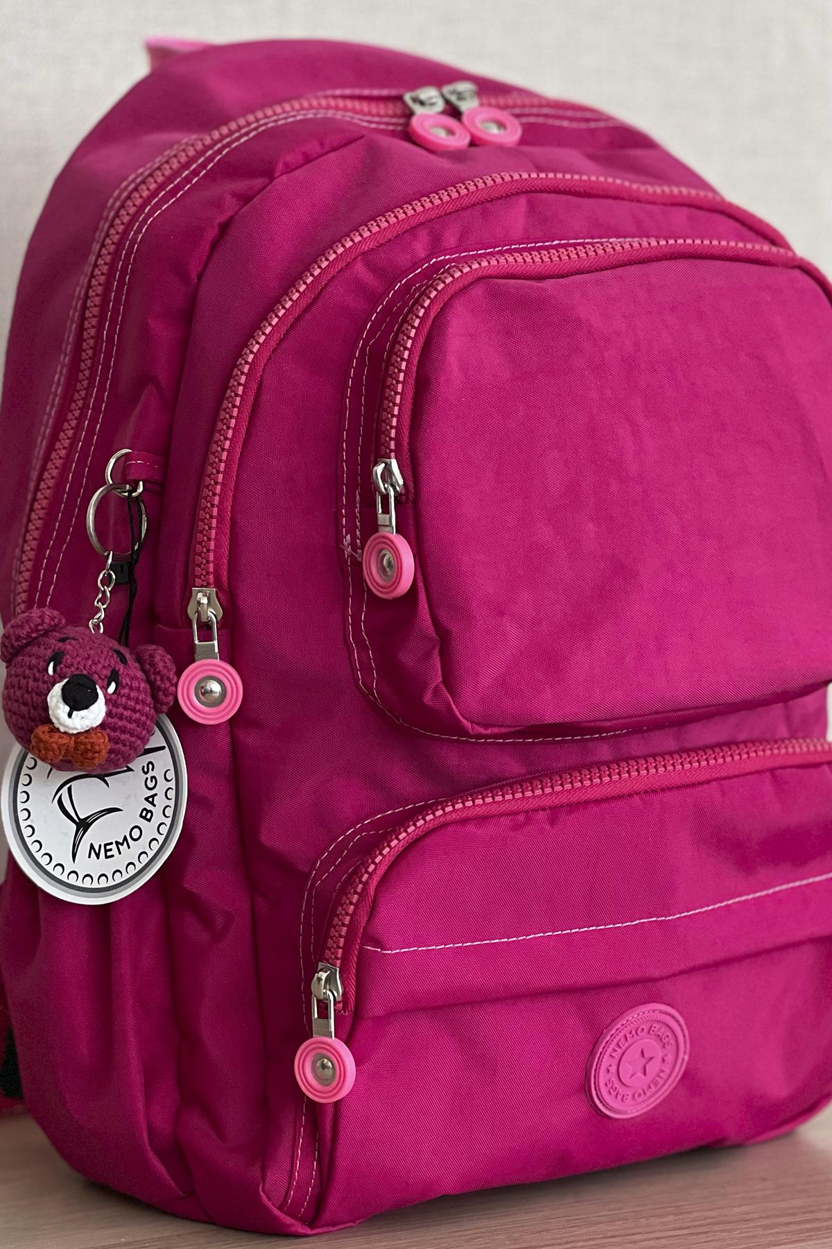 Nemo Bags Fuşya Sırt, Okul, 14 İnç Laptop, Seyahat Çantası Amigurumi Ayıcık Anahtarlık Hediyeli